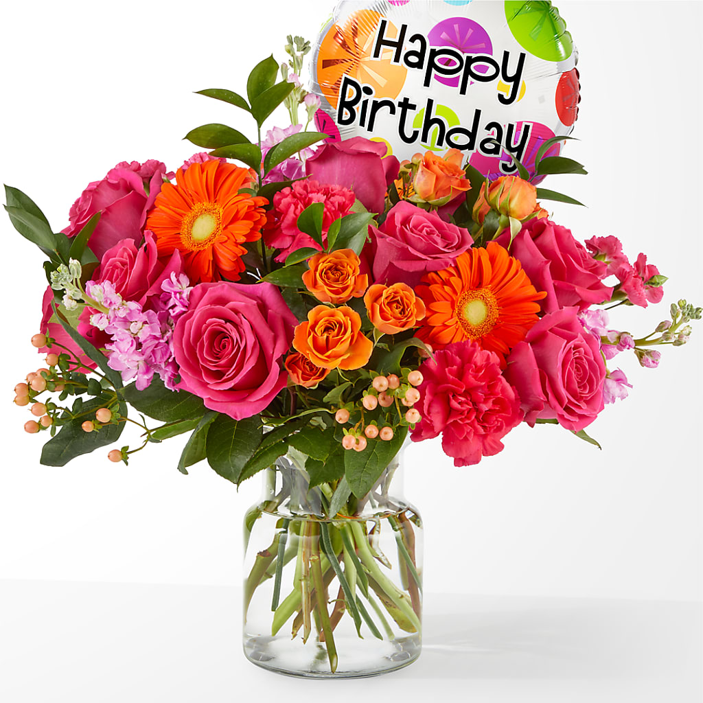 Fiesta Bouquet with Birthday Balloon – Garden City Florist, Arlington VA